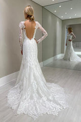 Column Lace Long Sleeve White Wedding Dress Bridal Gown With Appliques