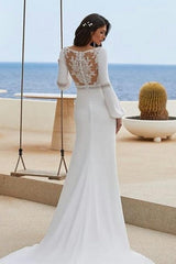 Column Satin Long Sleeve White Wedding Dress Bridal Gown With Appliques