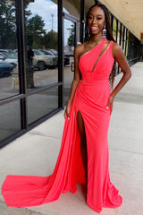 Coral One Shoulder Evening Dress Long Prom Dress with Slit