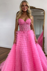 Corset Prom Dress A Line Sweetheart Tiered Long Evening Dress with Lace