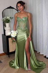 Corset Sequined Prom Dress Satin Appliqued Long Evening Dress With Slit