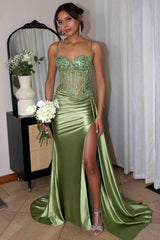 Corset Sequined Prom Dress Satin Appliqued Long Evening Dress With Slit