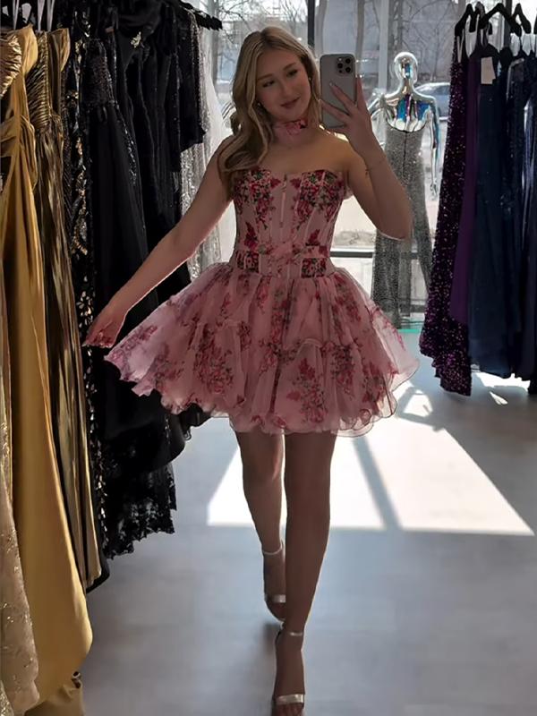 Dressystars Corset Strapless A Line Short Homecoming Dress with Ruffles
