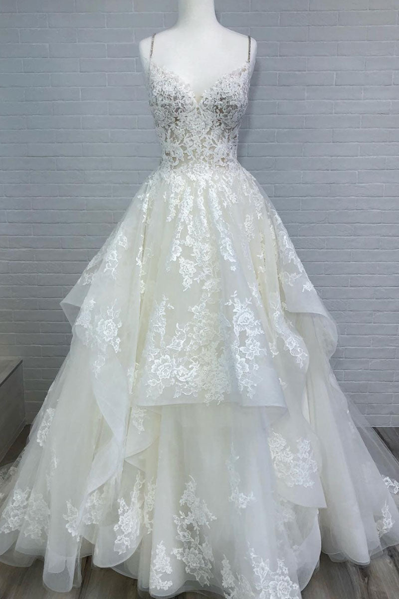 Cream V Neck Prom Dress Lace Tulle Long Formal Evening Dress