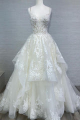 Cream V Neck Prom Dress Lace Tulle Long Formal Evening Dress