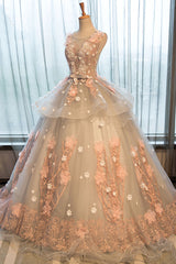 Crew Neck Prom Dress Lace Appliques Long Quinceanera Dress