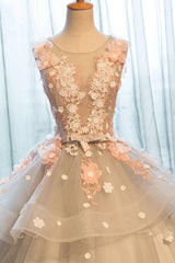 Crew Neck Prom Dress Lace Appliques Long Quinceanera Dress