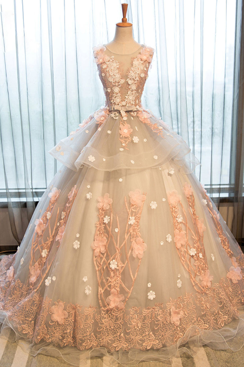 Crew Neck Prom Dress Lace Appliques Long Quinceanera Dress