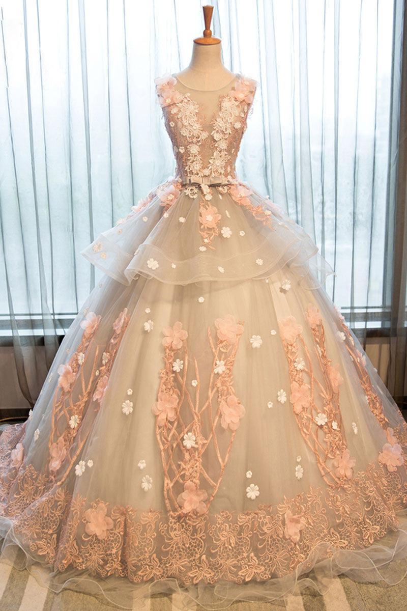 Crew Neck Prom Dress Lace Appliques Long Quinceanera Dress