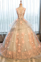 Crew Neck Prom Dress Lace Appliques Long Quinceanera Dress