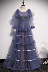 Crew Neck Prom Dress Tulle Long Evening Dress
