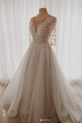 Crew Neck Tulle Wedding Dress Lace Long Formal Bridal Gown