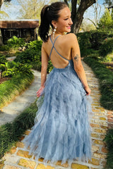 Cross Back Prom Dress Maxi Dress in Blue Evening Dress