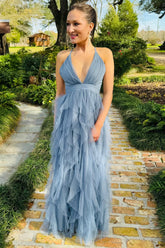 Cross Back Prom Dress Maxi Dress in Blue Evening Dress