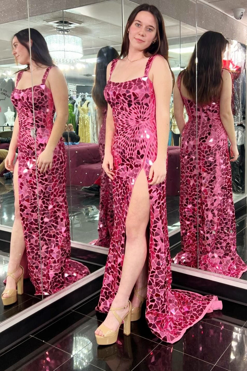 Cut Glass Mirror Prom Dress Long with Split in Pink Evening Dress