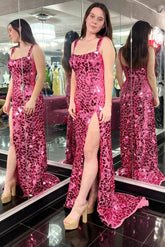 Cut Glass Mirror Prom Dress Long with Split in Pink Evening Dress