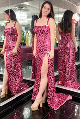 Cut Glass Mirror Prom Dress Long with Split in Pink Evening Dress