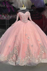 Cute Ball Gown Off Shoulder Long Sleeves 3D Butterfly Appliques Sweep Train Pink Tulle Quinceanera Dress For Sweet 16