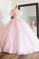 Cute Ball Gown Off Shoulder Puff Sleeves Pink Tulle Princess Gown Quinceanera Dress For Sweet 16