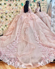 Cute & Chic Ball Gown Off Shoulder Lace Appliques Pink Tulle Princess Birthday Party Gown Quinceanera Dress For Sweet 16