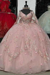 Cute & Chic Ball Gown Off Shoulder Long Sleeves 3D Flowers Lace Appliques Beaded Pink Tulle Quinceanera Dress Princess Evening Party Dress For Sweet 16