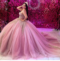 Cute & Chic Ball Gown Strapless Lace Appliques Beaded Pink Tulle Quinceanera Dress Princess Formal Evening Party Gown For Sweet 16