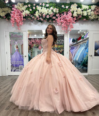 Cute & Chic Ball Gown Sweetheart Neck Flower Lace Appliques Beaded Pink Tulle Birthday Party Gown Quinceanera Dress For Sweet 16