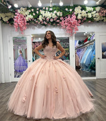 Cute & Chic Ball Gown Sweetheart Neck Flower Lace Appliques Beaded Pink Tulle Birthday Party Gown Quinceanera Dress For Sweet 16