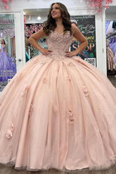 Cute & Chic Ball Gown Sweetheart Neck Flower Lace Appliques Beaded Pink Tulle Birthday Party Gown Quinceanera Dress For Sweet 16