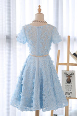 Cute Homecoming Dress 3D Lace Blue Short Party Cocktail Dress