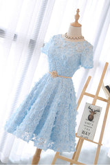 Cute Homecoming Dress 3D Lace Blue Short Party Cocktail Dress