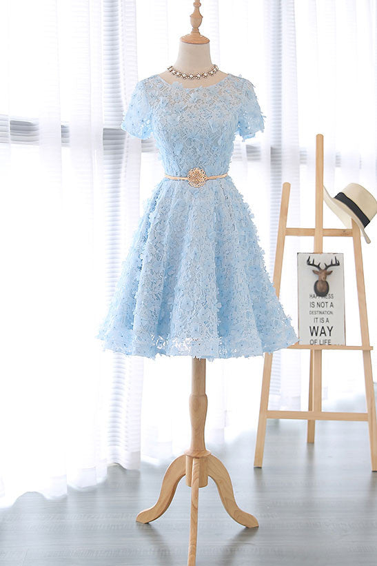Cute Homecoming Dress 3D Lace Blue Short Party Cocktail Dress