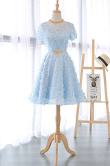 Cute Homecoming Dress 3D Lace Blue Short Party Cocktail Dress