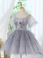 Cute Homecoming Dress A Line Tulle Lace Gray Short Party Cocktail Dress