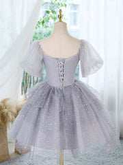 Cute Homecoming Dress A Line Tulle Lace Gray Short Party Cocktail Dress