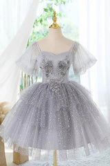 Cute Homecoming Dress A Line Tulle Lace Gray Short Party Cocktail Dress