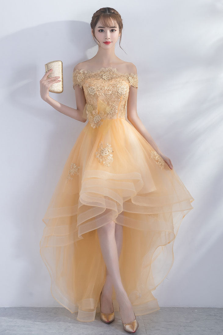 Cute Homecoming Dress Champagne Tulle High Low Short Party Cocktail Dress