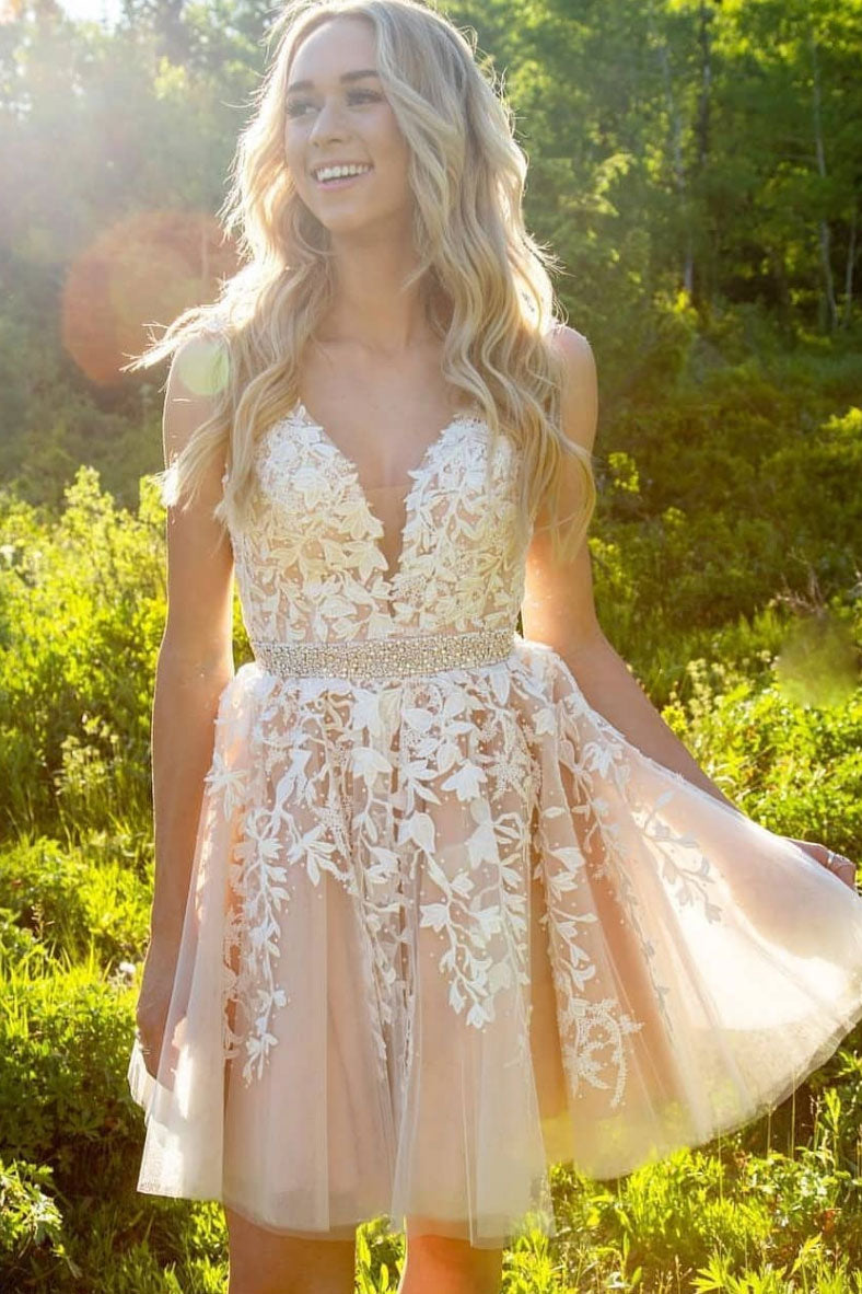 Cute Homecoming Dress Champagne V Neck Lace Short Party Cocktail Dress