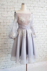 Cute Homecoming Dress Chiffon Lace Gray Short Party Cocktail Dress