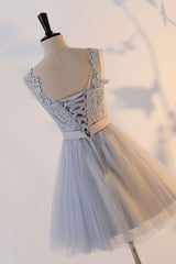 Cute Homecoming Dress Gray Round Neck Tulle Lace Short Party Cocktail Dress