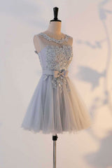 Cute Homecoming Dress Gray Round Neck Tulle Lace Short Party Cocktail Dress