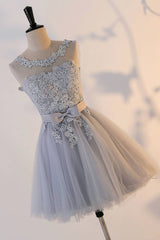 Cute Homecoming Dress Gray Round Neck Tulle Lace Short Party Cocktail Dress