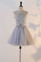 Cute Homecoming Dress Gray Round Neck Tulle Lace Short Party Cocktail Dress