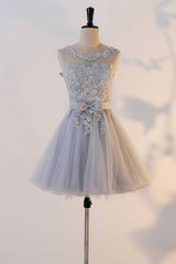 Cute Homecoming Dress Gray Round Neck Tulle Lace Short Party Cocktail Dress