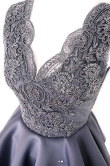 Cute Homecoming Dress Lace V Neck Gray Short Party Cocktail Dress