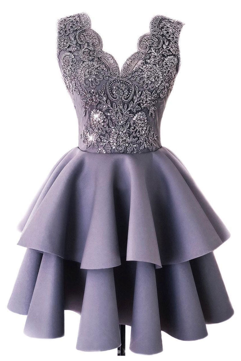 Cute Homecoming Dress Lace V Neck Gray Short Party Cocktail Dress