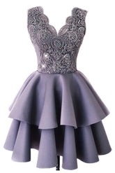 Cute Homecoming Dress Lace V Neck Gray Short Party Cocktail Dress