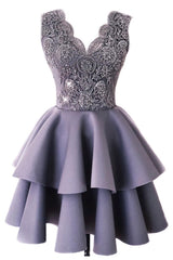 Cute Homecoming Dress Lace V Neck Gray Short Party Cocktail Dress