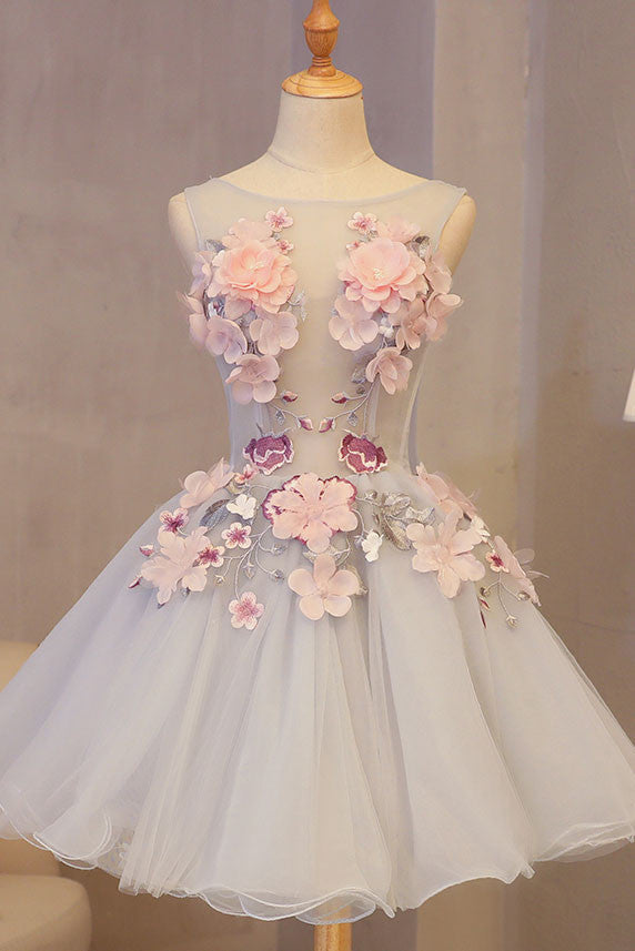 Cute Homecoming Dress Round Neck Applique Short Party Cocktail Dress