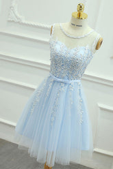Cute Homecoming Dress Round Neck Lace Tulle Blue Short Party Cocktail Dress